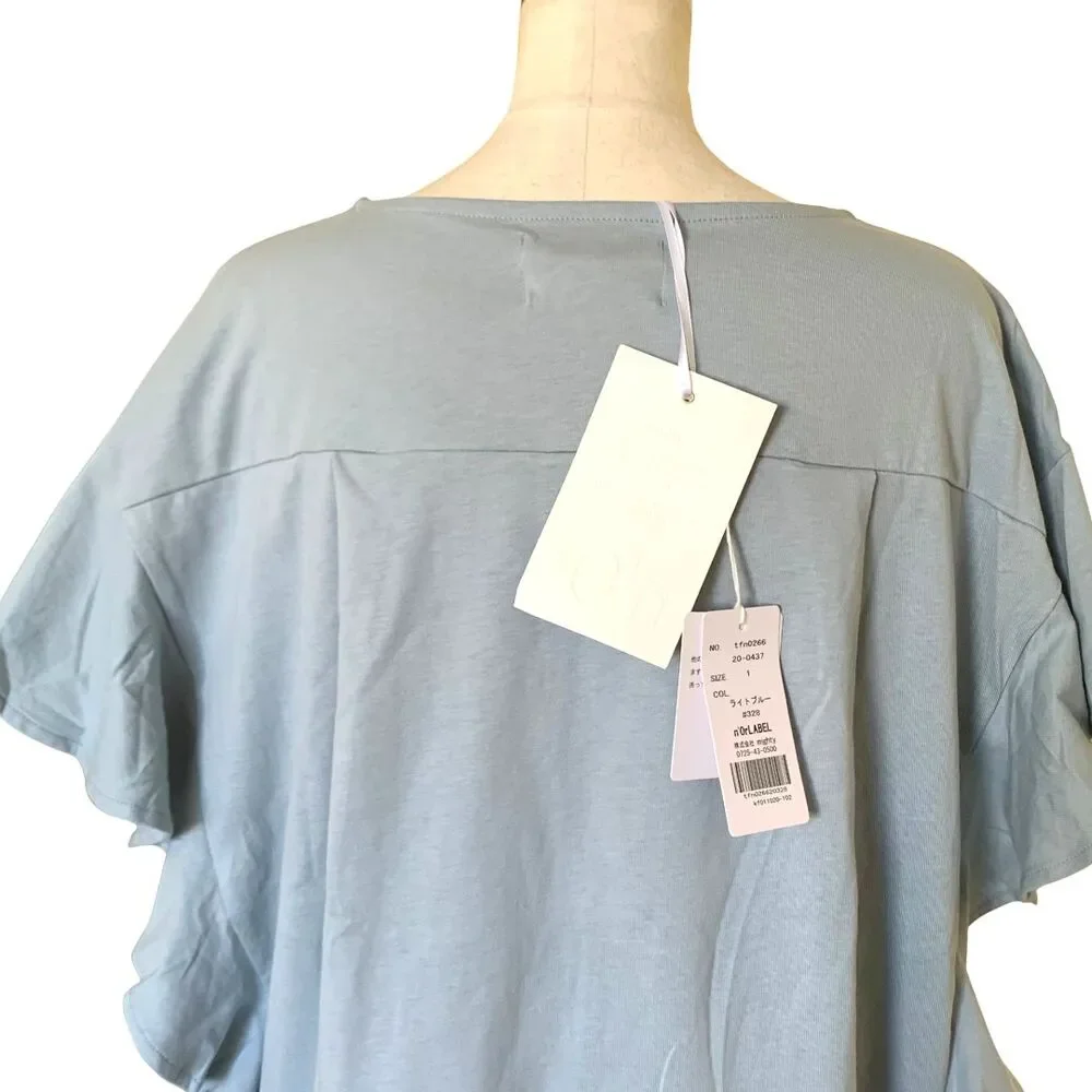 NWT Oversized Light Blue Ruffle Sleeve Top M Loose Fit Cotton Blend - Picture 5 of 5